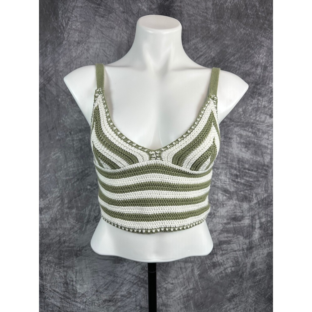 Streetwear Society Crochet Crop Top Womens Medium Green White Striped V-Neck